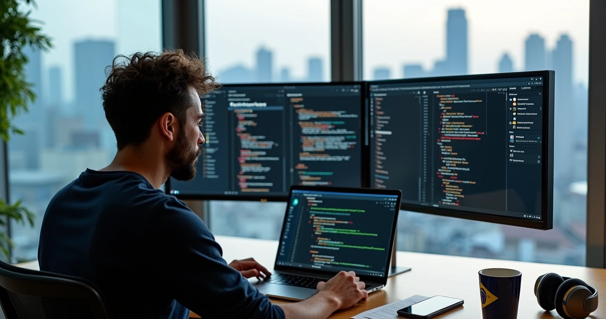 Desenvolvedor brasileiro trabalhando remoto para empresa internacional na frente do notebook 