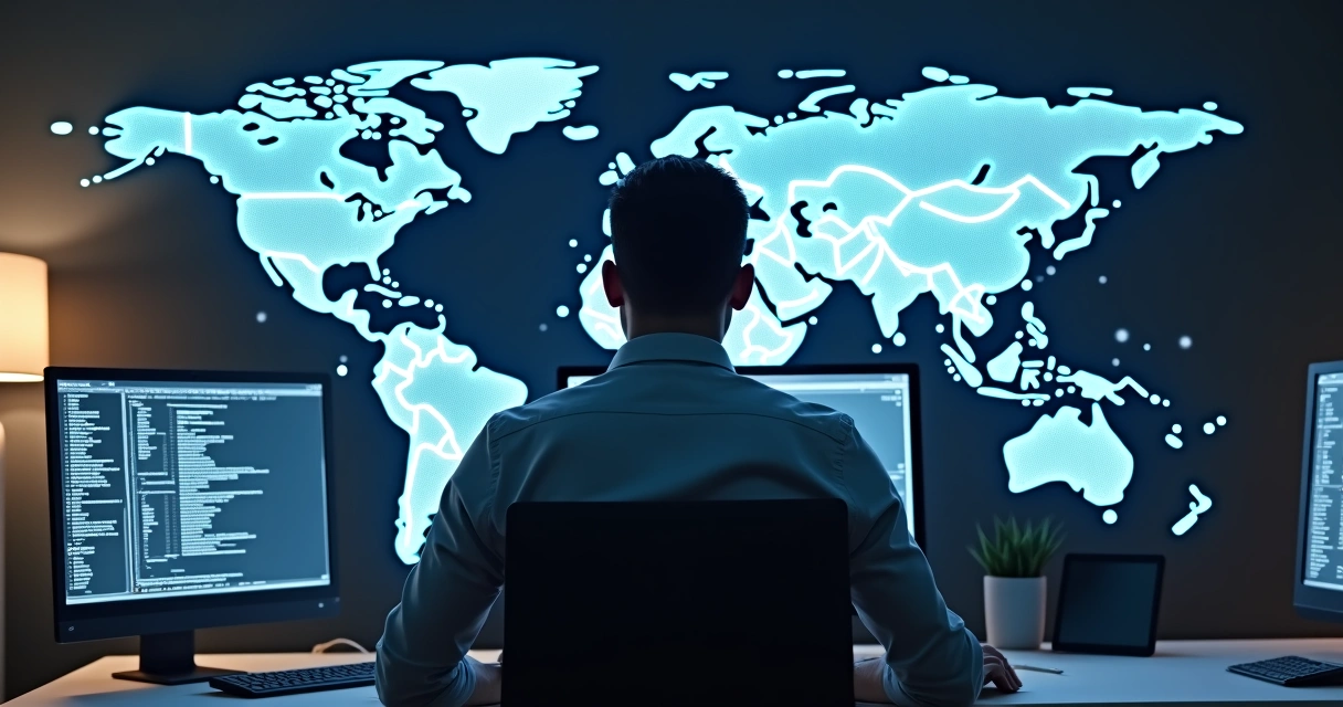 Desenvolvedor escrevendo código com mapa-múndi digital ao fundo 