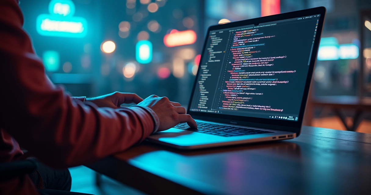 Desenvolvedor trabalhando em código aberto em laptop com gráficos de tecnologia ao fundo 