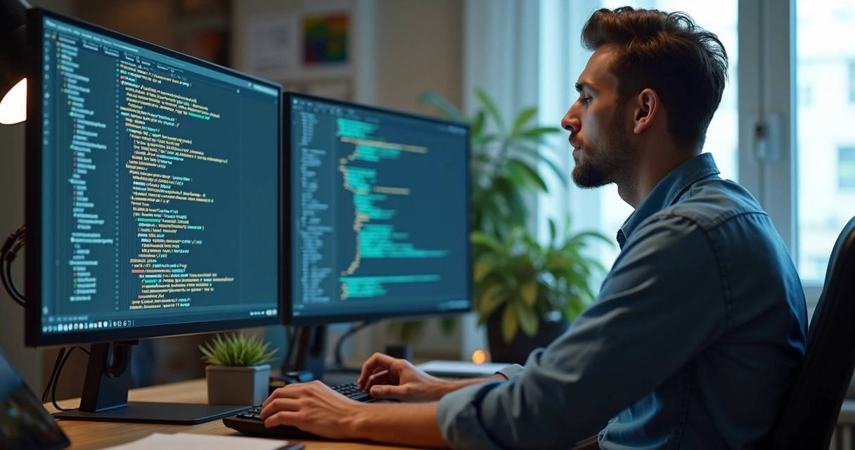 Pessoa programadora em frente ao computador, respirando profundamente enquanto observa vários códigos na tela 