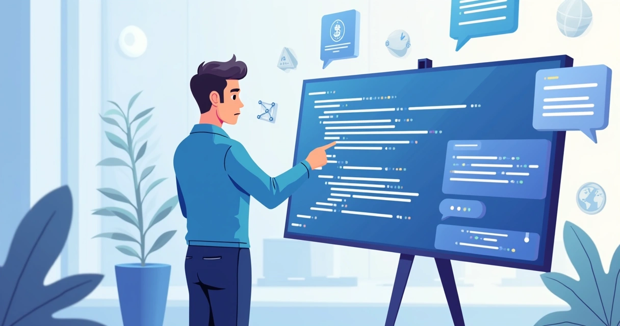Desenvolvedor guiando inteligência artificial para criar software, em ambiente de trabalho moderno com tela mostrando código e elementos de IA 
