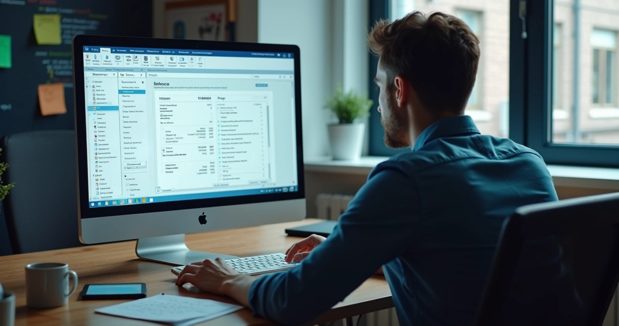 Pessoa lendo documentação técnica sobre nota fiscal eletrônica na tela do computador 