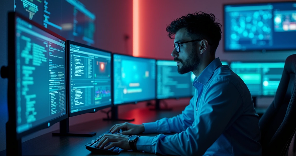 Profissional de tecnologia analisando opções de tecnologias em múltiplas telas de computador 