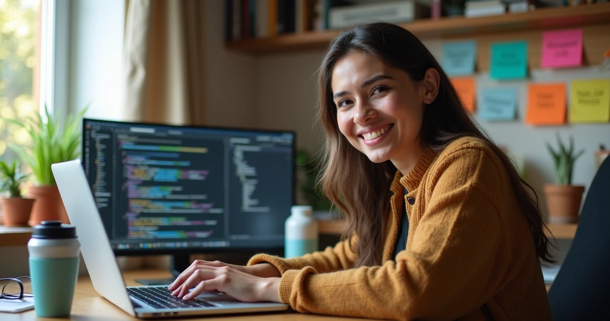 Desenvolvedor contente sentado à mesa com notebook e bebidas saudáveis 