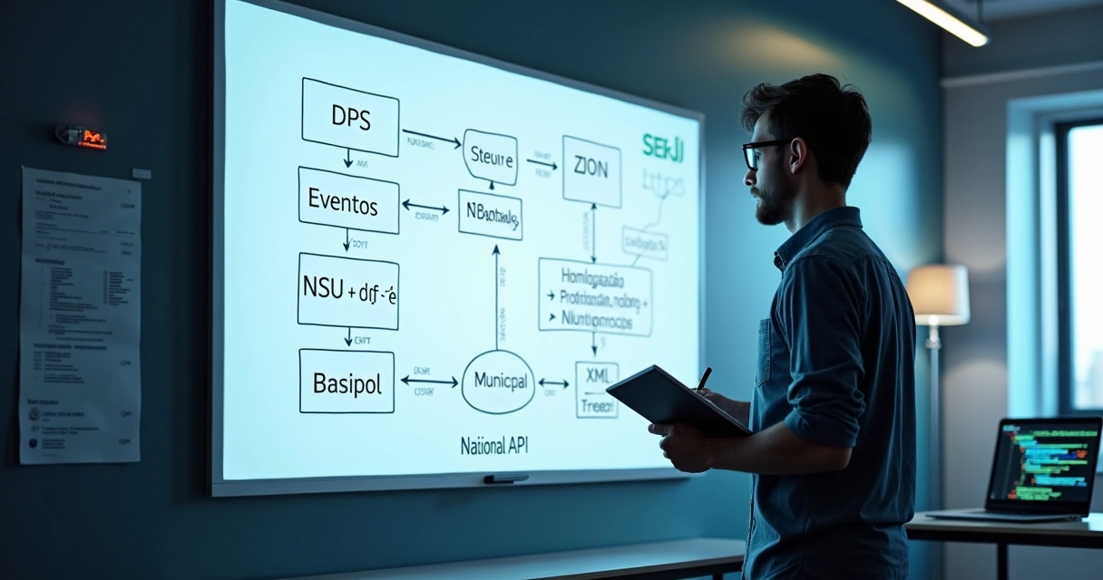 Desenvolvedor analisando fluxo de integração API NFSe Nacional em quadro branco digital 