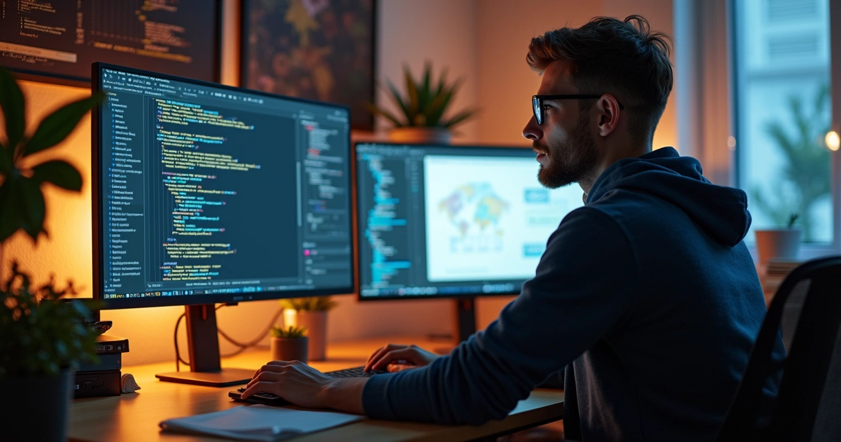 Desenvolvedor programando em várias telas de computador 
