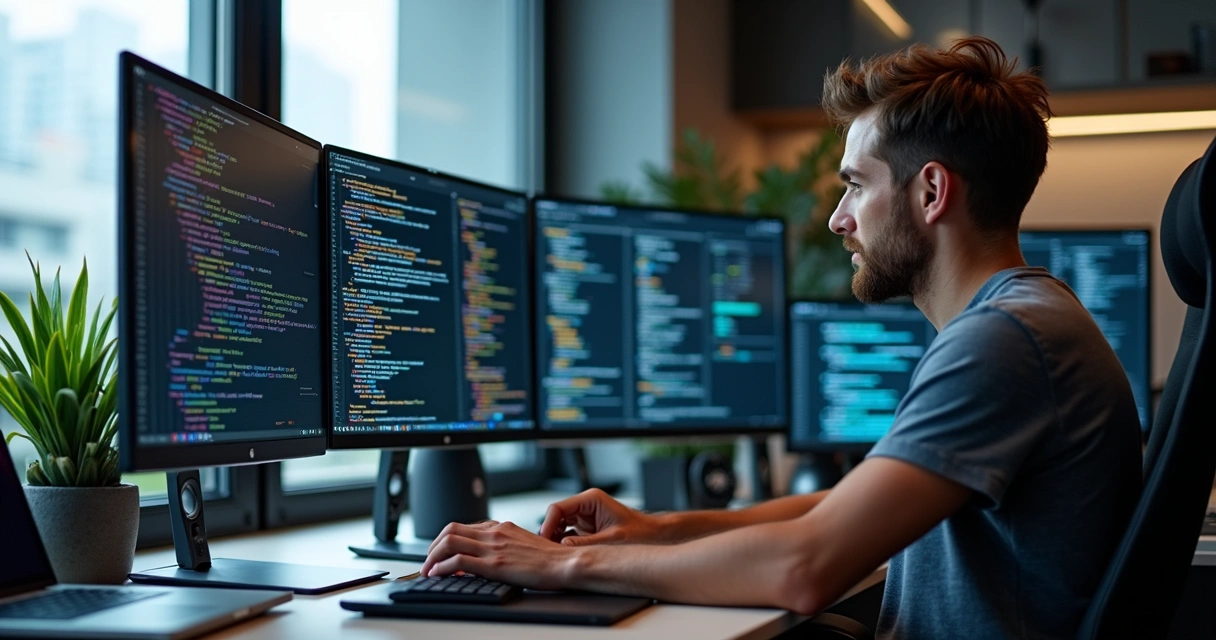 Desenvolvedor full stack trabalhando em múltiplas telas com códigos e diagramas visíveis 