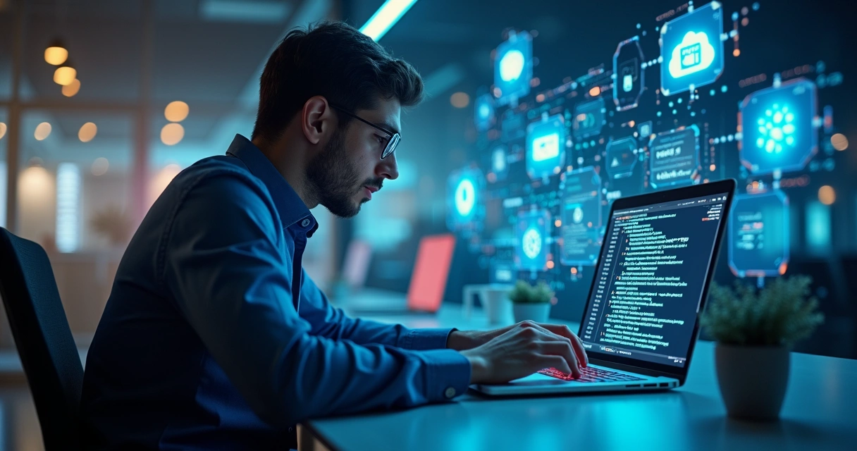 Desenvolvedor utilizando ferramenta de IA para gerar código em computador 