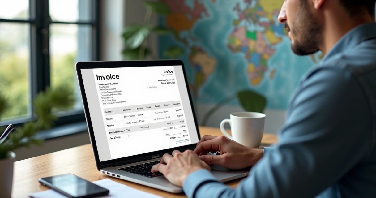 Desenvolvedor brasileiro criando invoice internacional no notebook com valores em dólar 