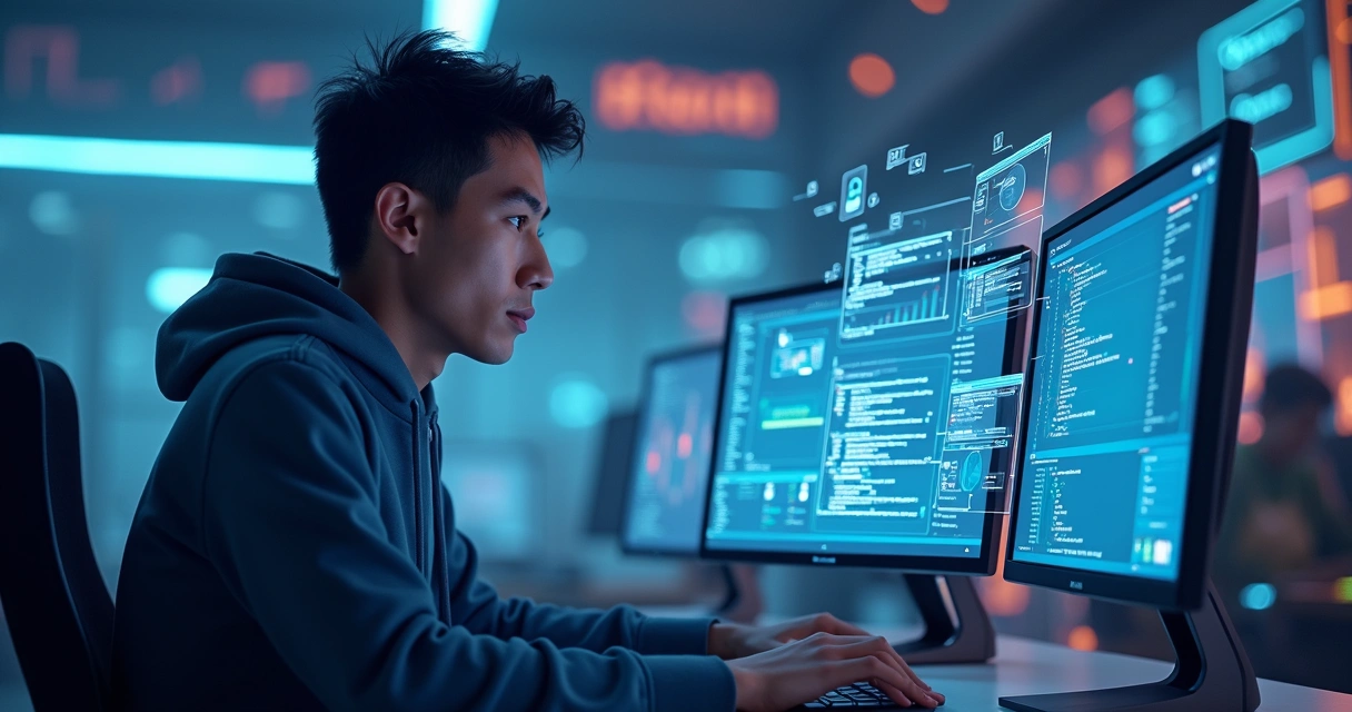 Desenvolvedor trabalhando ao lado de assistente virtual em tela escura