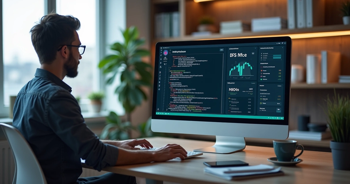Desenvolvedor integrando API para emissão de nota fiscal em computador com monitor exibindo código e painel de controle digital 