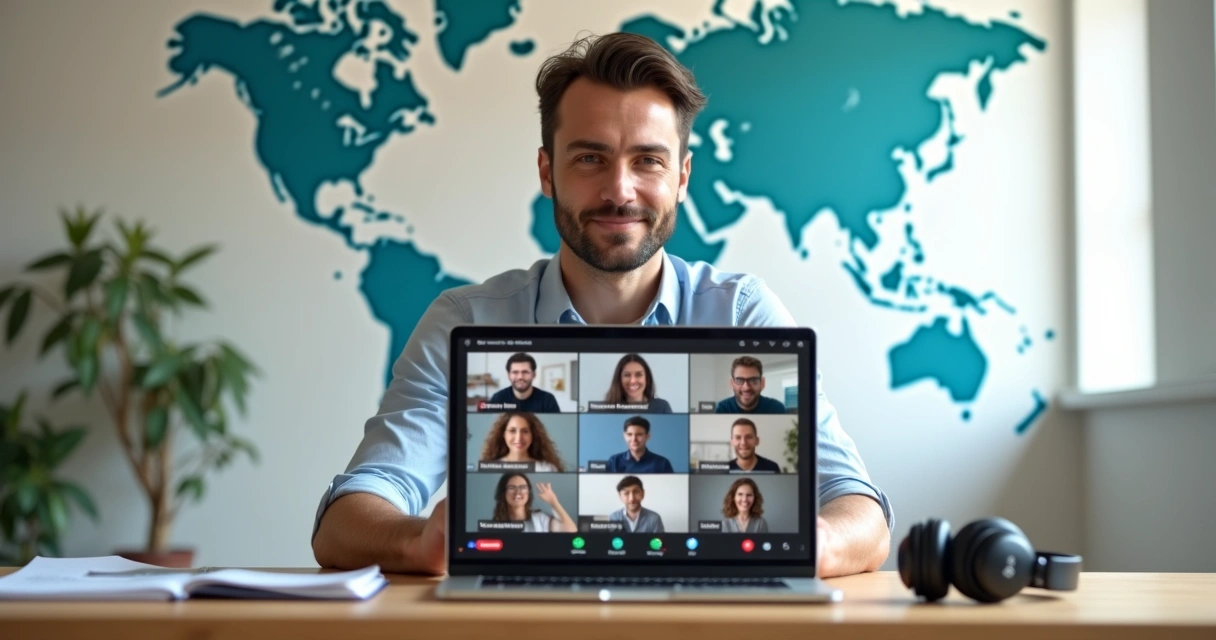 Desenvolvedor em videoconferência internacional com laptop e bandeiras de vários países ao fundo 