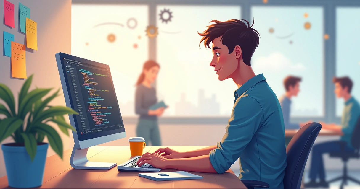 Desenvolvedor júnior em um escritório moderno, trabalhando em equipe, com código na tela e ambiente colaborativo.