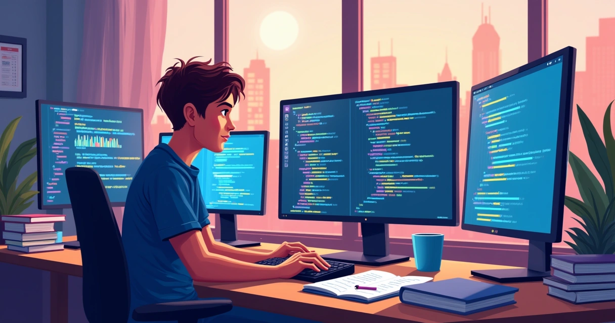 Desenvolvedor júnior trabalhando em um ambiente moderno com monitores e códigos na tela.