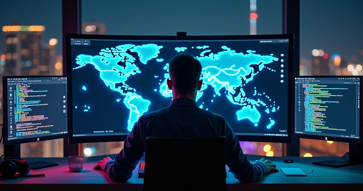 Desenvolvedor analisando linguagens de programação em mapa-múndi digital 