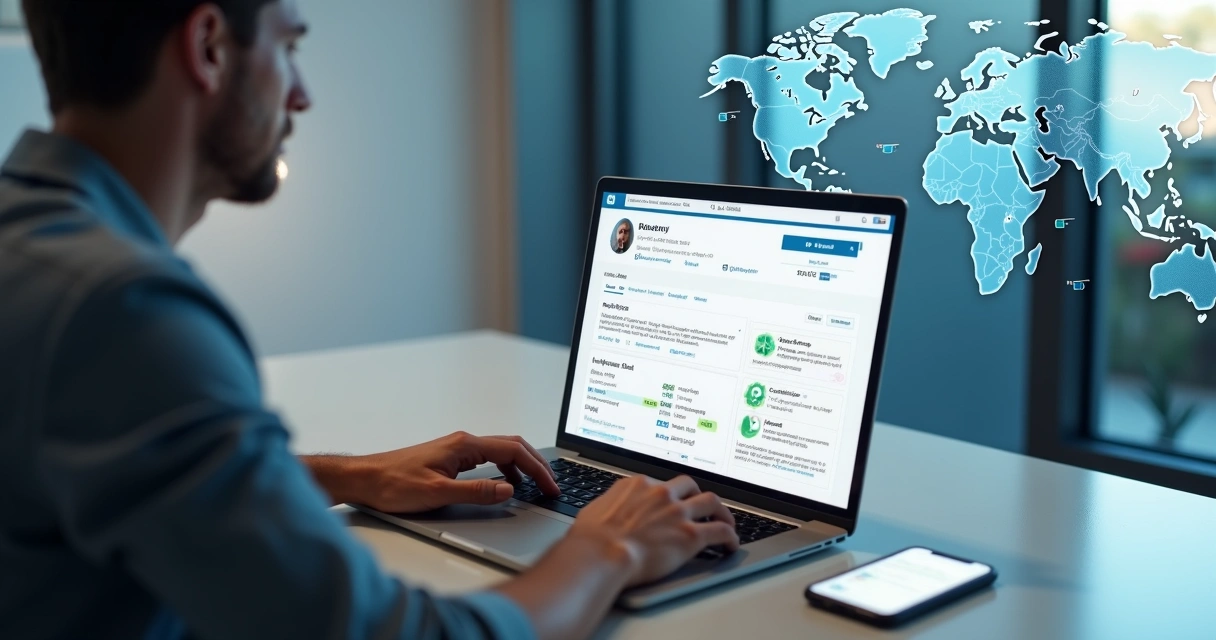 Desenvolvedor ajustando perfil do LinkedIn focado em vagas internacionais de TI 