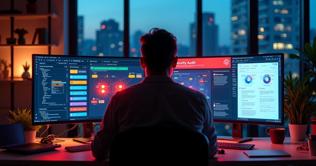 Desenvolvedor visualiza painel de projeto low-code com alertas de falhas de segurança 