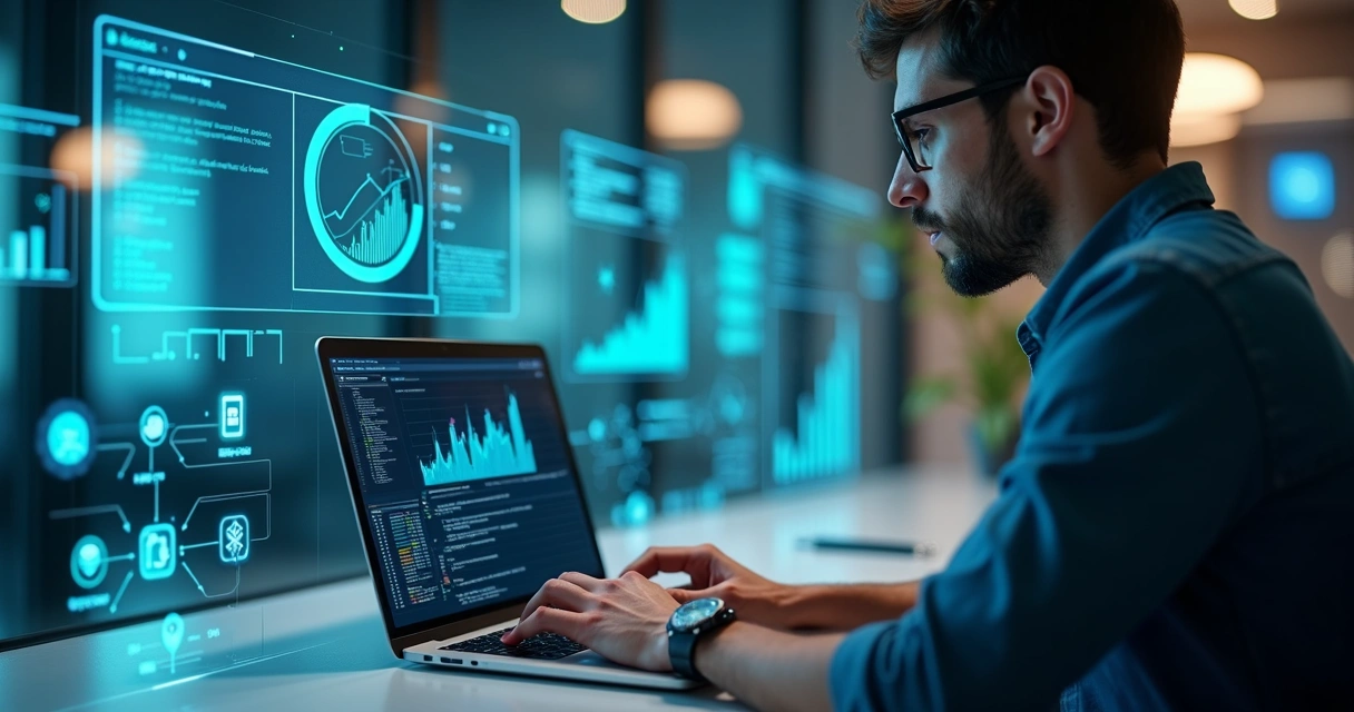 Desenvolvedor programando plataforma low-code em laptop moderno com gráficos digitais ao fundo representando crescimento de startups 