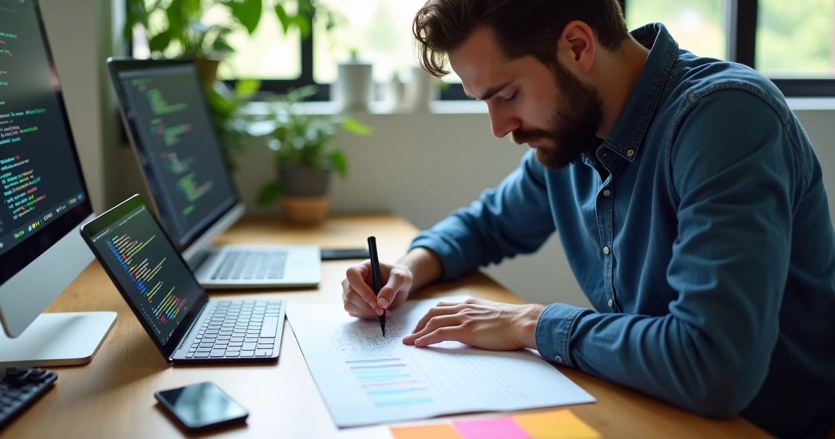 Desenvolvedor projetando aplicativos mobile em smartphone 