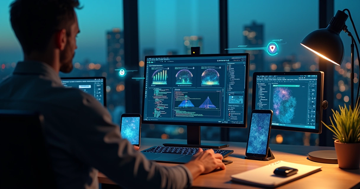Profissional desenvolvedor mobile criando app empresarial em vários smartphones 