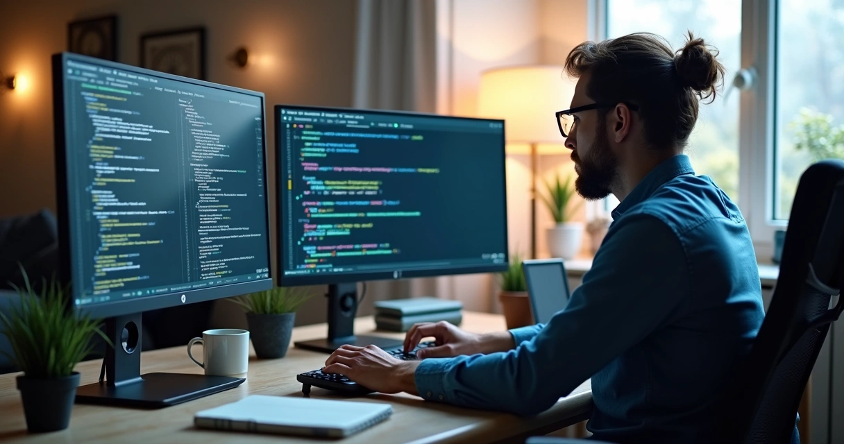 Desenvolvedor programando interface Next.js com múltiplos monitores exibindo códigos e gráficos de performance 