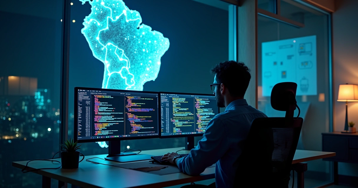 Desenvolvedor analisa código de NFS-e com mapa do Brasil em painel digital 