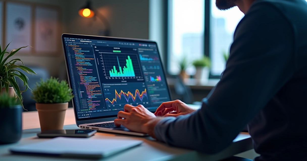 Pessoa trabalhando em computador com gráficos de banco de dados externos e interface de app no-code na tela 