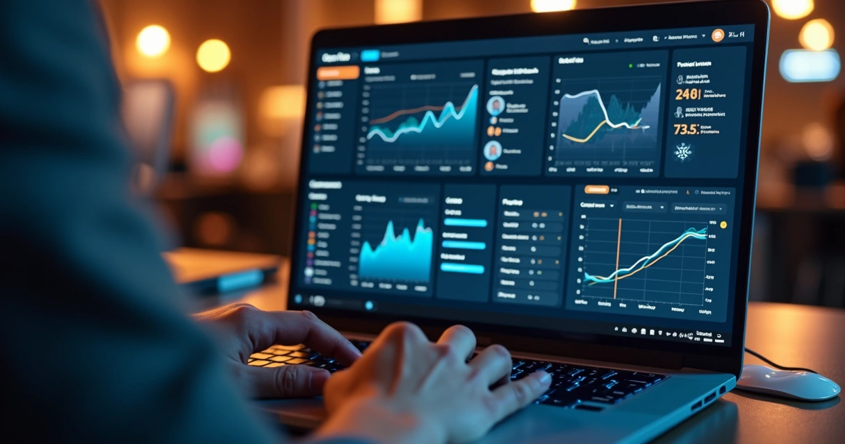 Desenvolvedor usando laptop com tela mostrando dashboard de cobranças recorrentes por boletos, Pix e cartão de crédito 