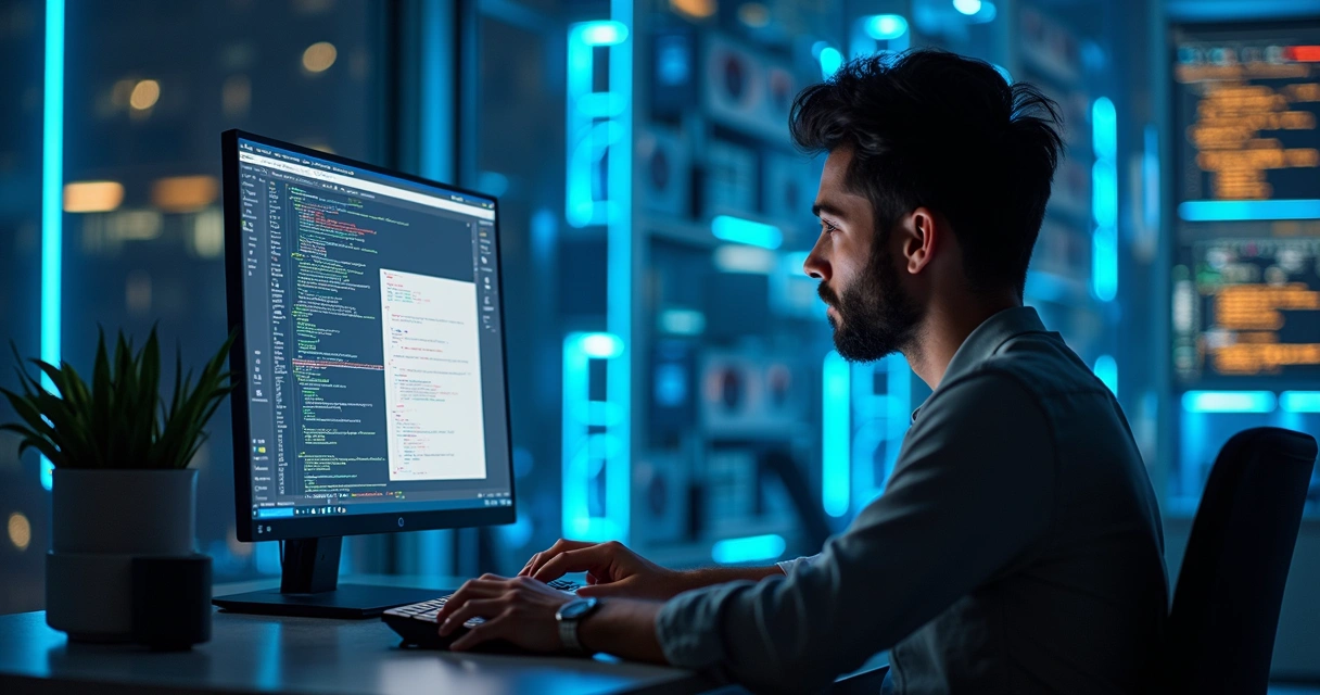 Desenvolvedor programando integrando sistemas complexos em computador com códigos e gráficos digitais 