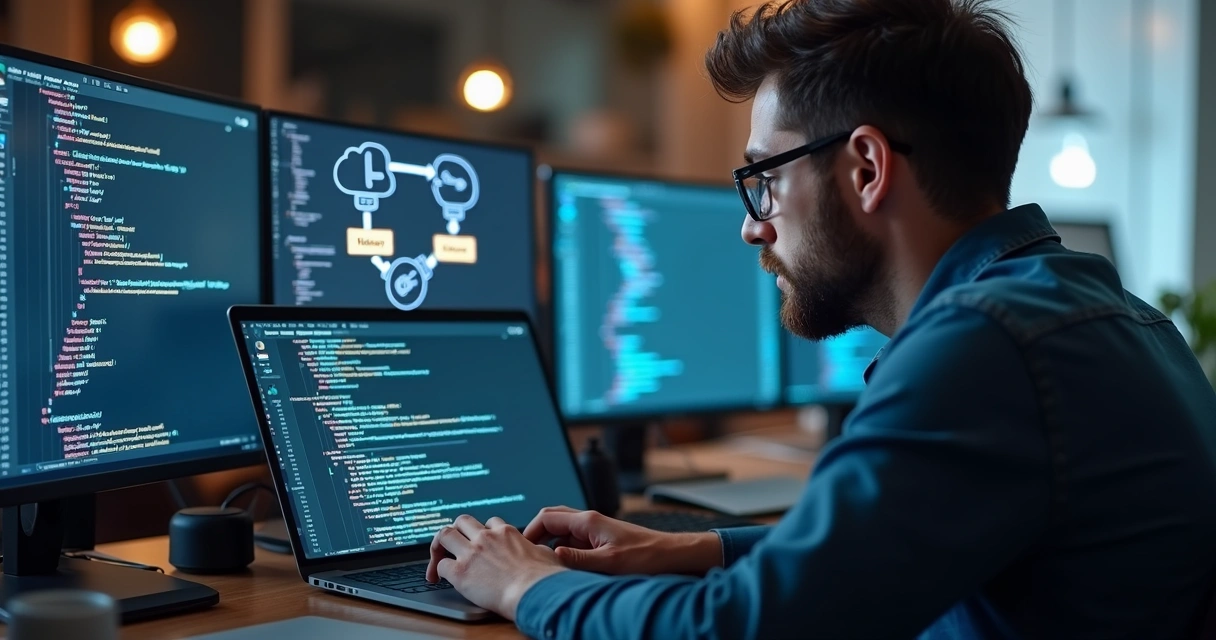 Desenvolvedor programando aplicação React Native com código e gráficos de sincronização de dados ao fundo 