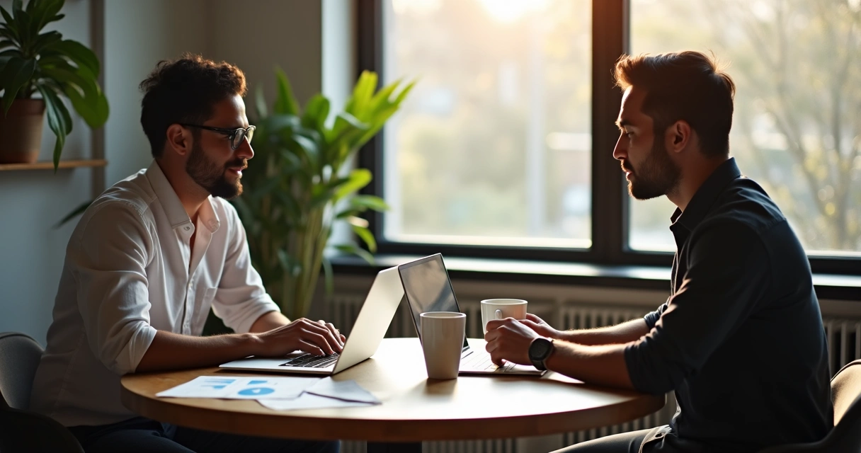 Reunião entre desenvolvedor e cliente discutindo plano mensal 