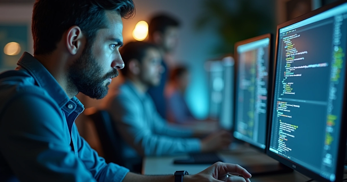 Desenvolvedor olhando atentamente para código em tela de computador. 