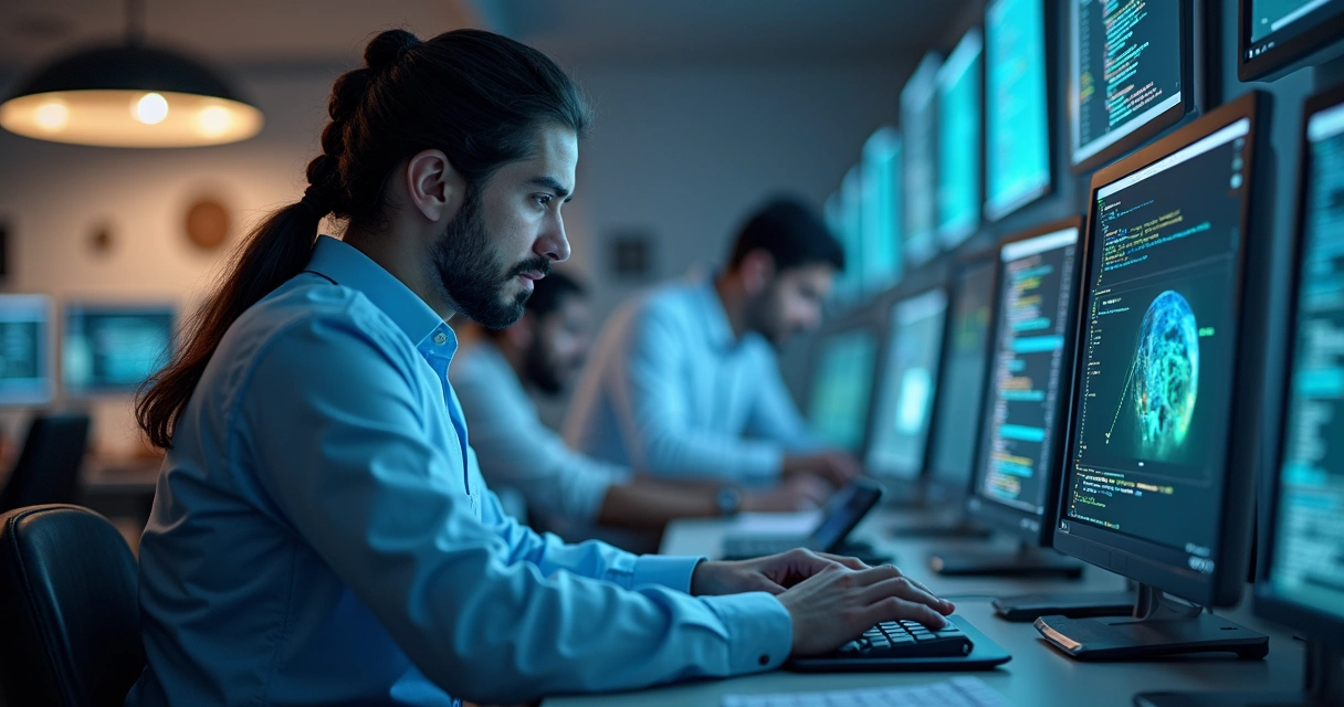 Desenvolvedor codificando software para plataforma SaaS em saúde com gráficos e código em tela dupla 