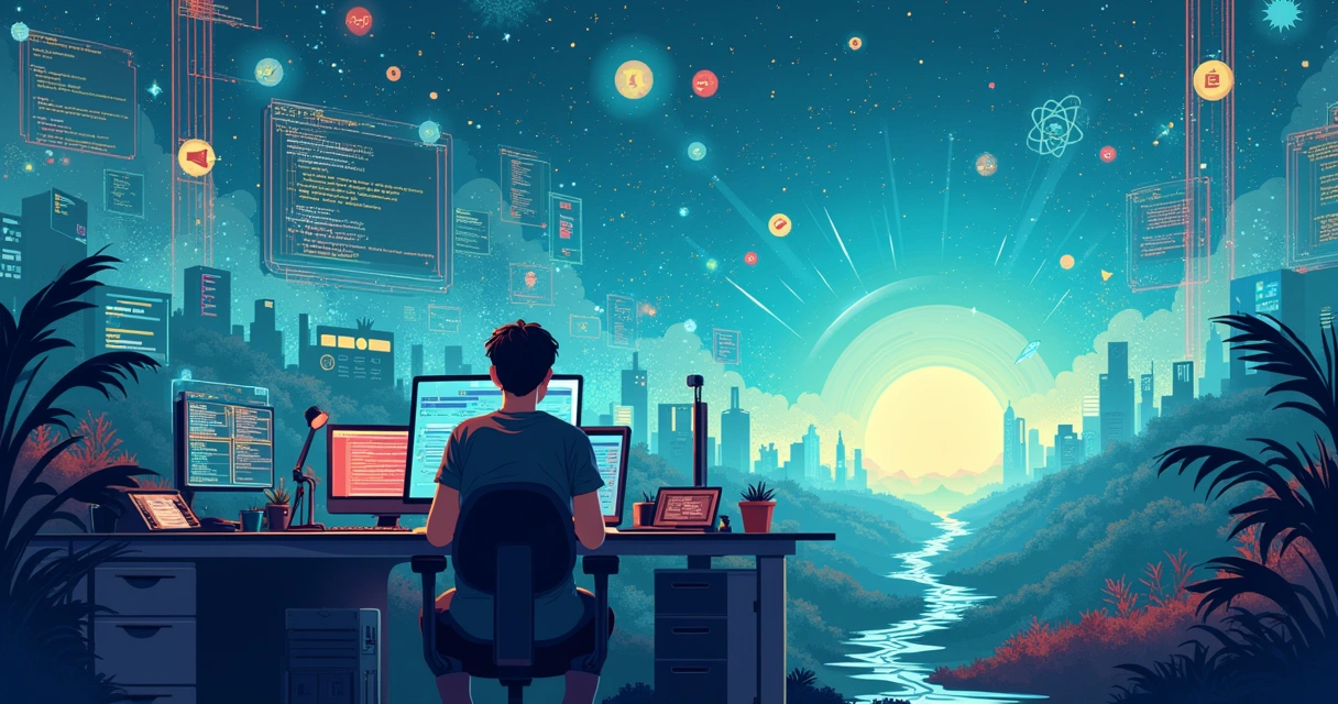 Desenvolvedor cercado por símbolos de tecnologia moderna e telas holográficas, representando aprendizado e inovação.