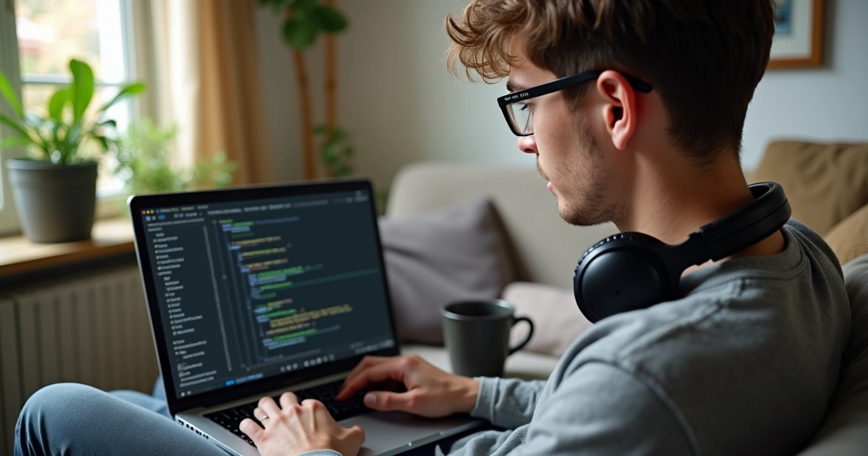 Pessoa programando em casa em ambiente confortável 