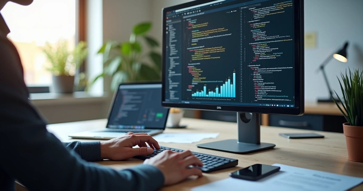 Desenvolvedor programando site responsivo em monitor ultrawide com códigos e gráficos de SEO na tela 