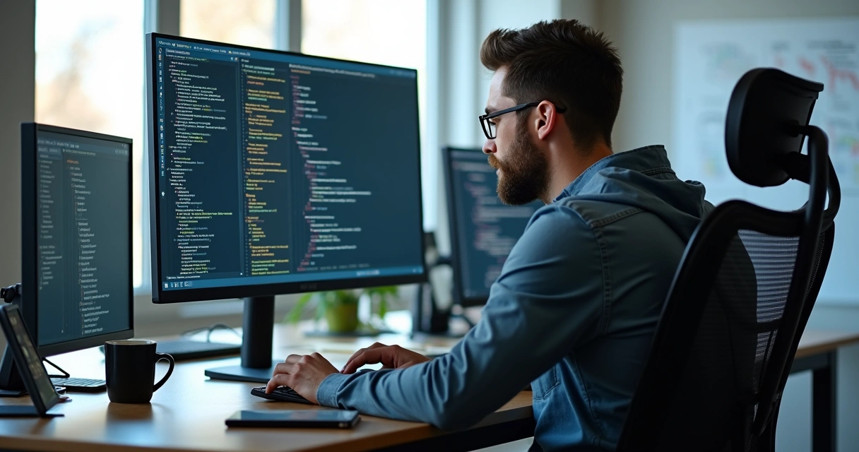 Desenvolvedor de software trabalhando em laptop com monitores múltiplos em ambiente moderno de escritório 