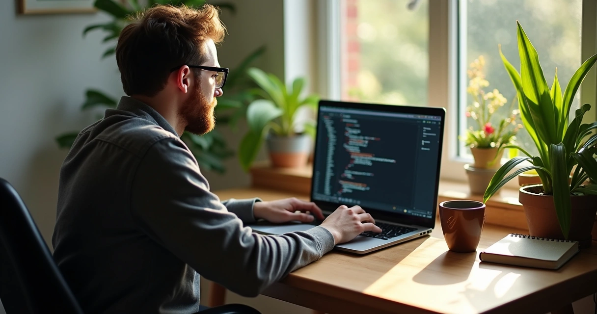 Desenvolvedor sentado à mesa em casa, trabalhando no notebook com código na tela e uma xícara de café ao lado. 