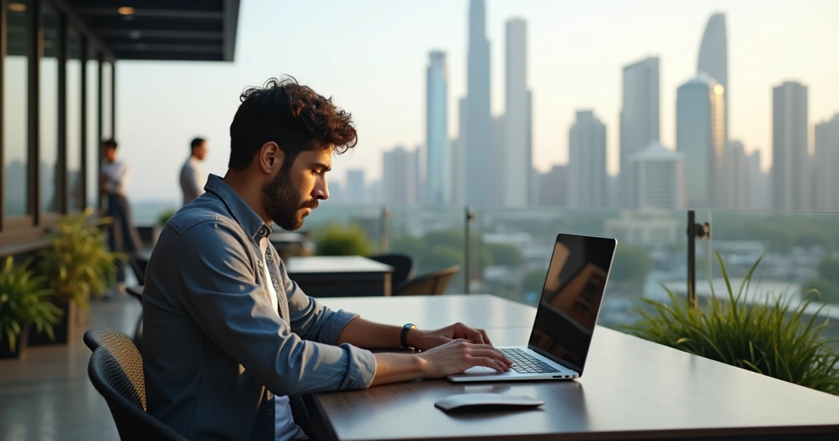 Desenvolvedor usando laptop em ambiente urbano internacional 