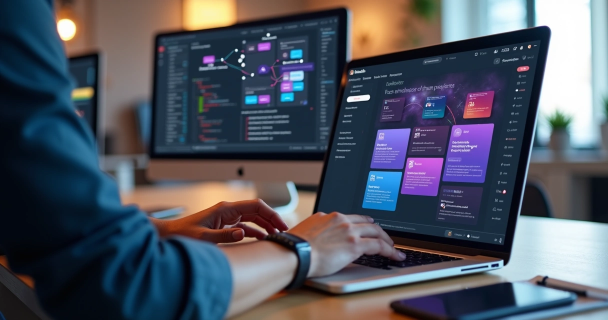 Tela de laptop com interface Lovable criando app a partir de template front-end 