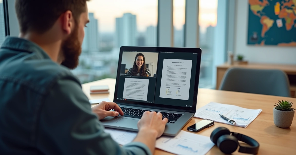 Desenvolvedor analisando proposta de trabalho remoto internacional no notebook 
