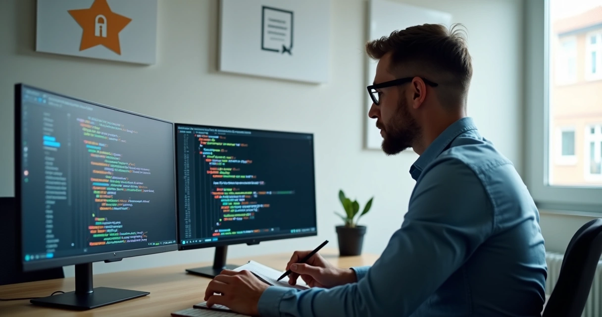 Profissional revisa códigos de IA em dois monitores lado a lado. 