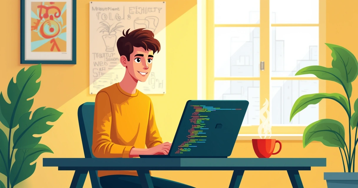 Desenvolvedor web jovem trabalhando em um laptop com código colorido em um ambiente iluminado.