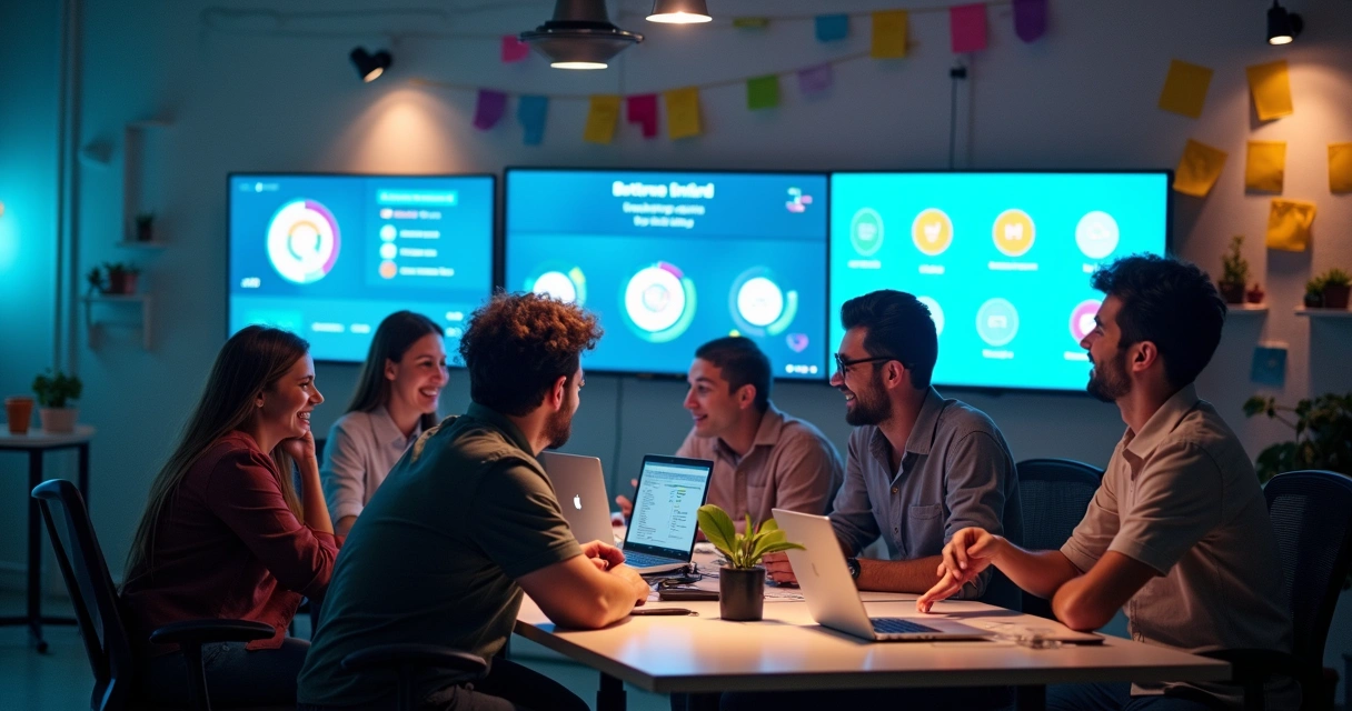 Desenvolvedores em equipe colaborando com quadros de pontuação digital 