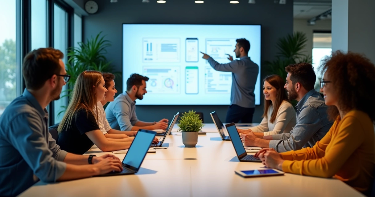 Equipe discute projeto de aplicativo em mesa de escritório