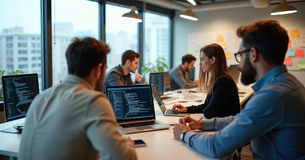Desenvolvedores programando juntos em ambiente internacional
