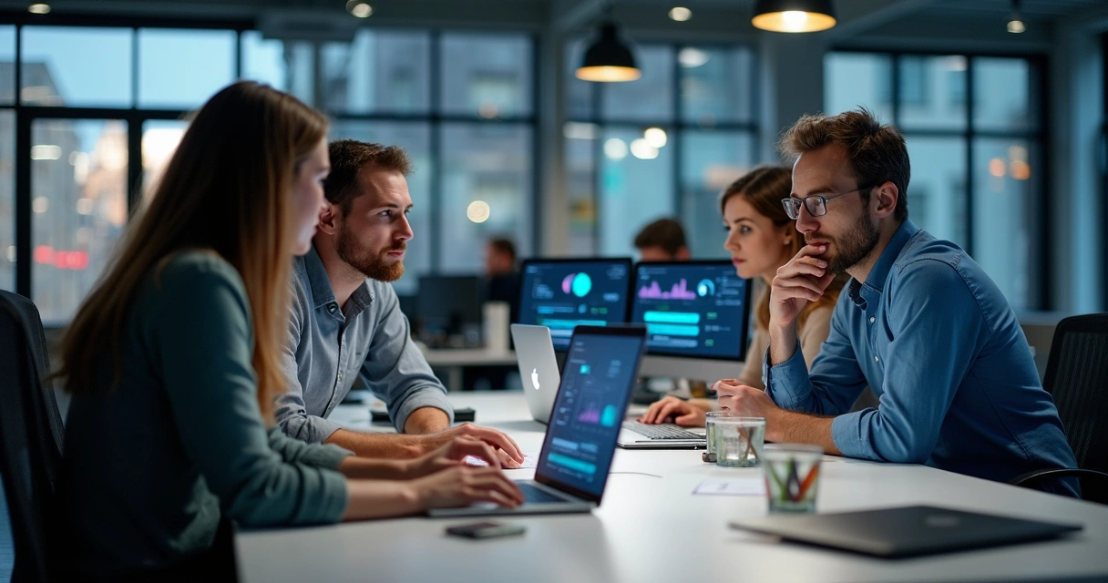 Equipe de desenvolvedores discutindo projeto de app em mesa de escritório 