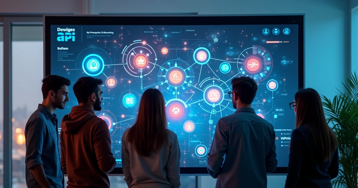 Equipe de desenvolvedores conectando APIs em um painel digital