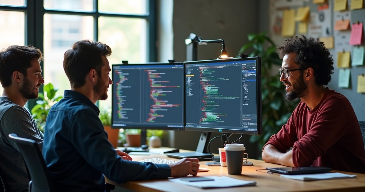 Equipe de desenvolvedores com computadores programando Node.js 