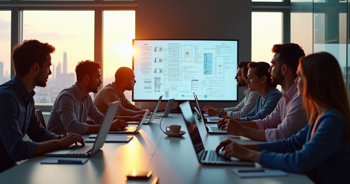 Profissionais de tecnologia discutindo um projeto em uma mesa de reunião.